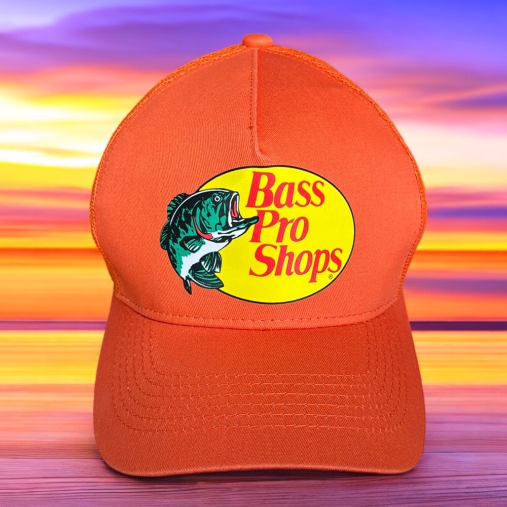 NWOT Bass Pro Shops "Gone Fishing" Orange Graphic Mesh Snapback Trucker Hat Cap